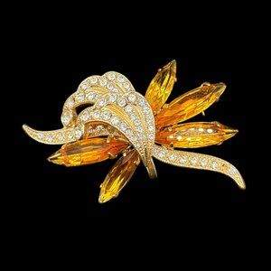 Vintage Brooch Gold Tone Marquis cut Amber Colour and Clear Rhinestones Pavé